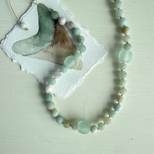 Beaded Seaglass + Amazonite Adjustable Necklace